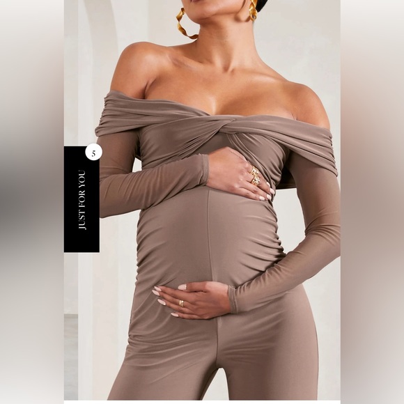 Kyla | Mocha Ruched Bardot Long-Sleeved Wide-Leg Maternity Jumpsuit - Picture 2 of 4